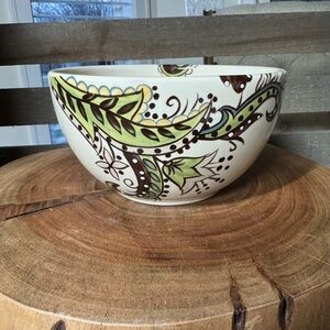 Tabletops Gallery Angela Paisley Hand-Painted Ceramic Bowl in Green and Brown